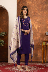 ELEGANT PURPLE EMBROIDERED FESTIVAL SUIT SET WITH PRINTED DUPATTA