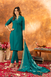 GORGEOUS TEAL BLUE EMBROIDERED KURTA PANT SET WITH FLORAL DUPATTA