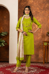 LIME GREEN FESTIVE KURTA SET WITH EMBROIDERED NECKLINE AND PRINTED DUPATTA