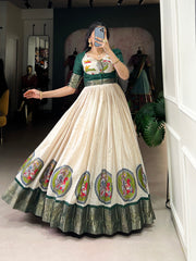 Green Color Kalamkari Print With Zari Weaving Border Dola Silk Gown