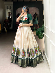Green Color Kalamkari Print With Zari Weaving Border Dola Silk Gown