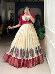 Red Color Kalamkari Print With Zari Weaving Border Dola Silk Gown