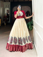 Red Color Kalamkari Print With Zari Weaving Border Dola Silk Gown