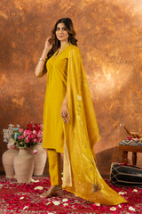 MUSTARD YELLOW EMBROIDERED KURTA PANT SET WITH FLORAL DUPATTA