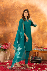 GORGEOUS TEAL BLUE EMBROIDERED KURTA PANT SET WITH FLORAL DUPATTA