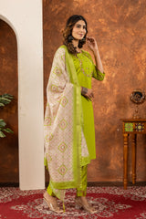 LIME GREEN FESTIVE KURTA SET WITH EMBROIDERED NECKLINE AND PRINTED DUPATTA