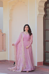 Fendi Chiffon Dusty-rose Gown With Canvas Patta & Zari Embroidered Dupatta