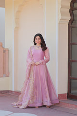 Fendi Chiffon Dusty-rose Gown With Canvas Patta & Zari Embroidered Dupatta