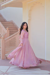 Fendi Chiffon Dusty-rose Gown With Canvas Patta & Zari Embroidered Dupatta