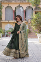 Designer Green Gown In Vichitra Silk With Sequence Embroidery Indian Dress