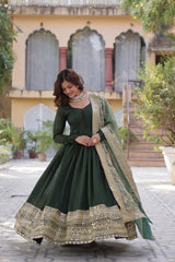 Designer Green Gown In Vichitra Silk With Sequence Embroidery Indian Dress