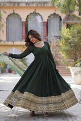 Designer Green Gown In Vichitra Silk With Sequence Embroidery Indian Dress