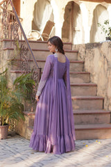 Eye-catchy Lavender Faux Georgette Gown With Beads, Embroidered, Sequins And Thread Work