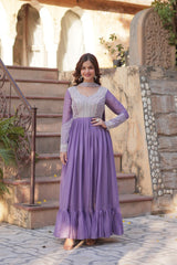 Eye-catchy Lavender Faux Georgette Gown With Beads, Embroidered, Sequins And Thread Work