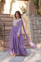 Eye-catchy Lavender Faux Georgette Gown With Beads, Embroidered, Sequins And Thread Work