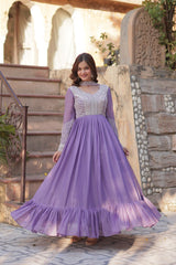 Eye-catchy Lavender Faux Georgette Gown With Beads, Embroidered, Sequins And Thread Work