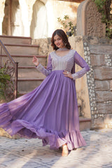 Eye-catchy Lavender Faux Georgette Gown With Beads, Embroidered, Sequins And Thread Work