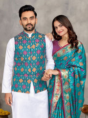 Men And Women Couple Combo Of Saree Kurta And Jacket In Teal Weaving Work