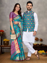 Men And Women Couple Combo Of Saree Kurta And Jacket In Teal Weaving Work