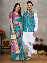 Men And Women Couple Combo Of Saree Kurta And Jacket In Teal Weaving Work