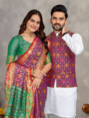 Men And Women Couple Combo Of Saree Kurta And Jacket In Purple Weaving Work