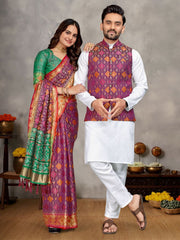 Men And Women Couple Combo Of Saree Kurta And Jacket In Purple Weaving Work