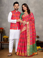 Men And Women Couple Combo Of Saree Kurta And Jacket In Pink Weaving Work