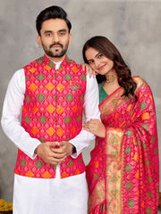 Men And Women Couple Combo Of Saree Kurta And Jacket In Pink Weaving Work