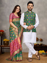 Men And Women Couple Combo Of Saree Kurta And Jacket In Green Weaving Work