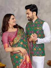 Men And Women Couple Combo Of Saree Kurta And Jacket In Green Weaving Work