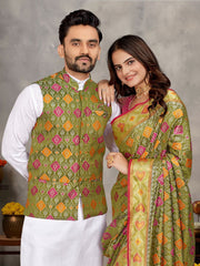 Men And Women Couple Combo Of Saree Kurta And Jacket In Mehendi Weaving Work
