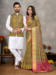 Men And Women Couple Combo Of Saree Kurta And Jacket In Mehendi Weaving Work