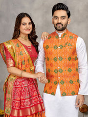 Men And Women Couple Combo Of Saree Kurta And Jacket In Orange Weaving Work