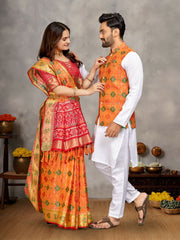 Men And Women Couple Combo Of Saree Kurta And Jacket In Orange Weaving Work
