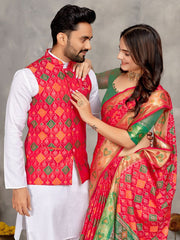 Men And Women Couple Combo Of Saree Kurta And Jacket In Gajari Weaving Work