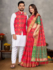 Men And Women Couple Combo Of Saree Kurta And Jacket In Gajari Weaving Work