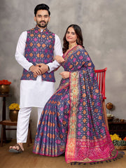Men And Women Couple Combo Of Saree Kurta And Jacket In Blue Weaving Work
