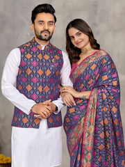 Men And Women Couple Combo Of Saree Kurta And Jacket In Blue Weaving Work