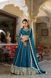Firozi Color Sequins And Thread Embroidery Work Vichitra Silk Lehenga Choli