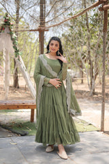 FASCINATING OLIVE GREEN GEORGETTE MEHENDI WEAR GOWN WITH DUPATTA