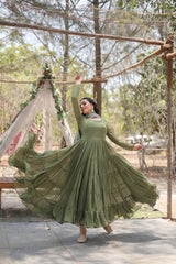 FASCINATING OLIVE GREEN GEORGETTE MEHENDI WEAR GOWN WITH DUPATTA