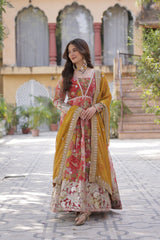Designer Multi Color Gown In Russian Silk With Print And Embroidery With Dupatta