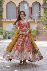 Designer Multi Color Gown In Russian Silk With Print And Embroidery With Dupatta