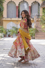 Designer Multi Color Gown In Russian Silk With Print And Embroidery With Dupatta
