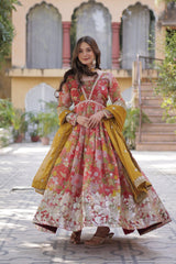 Designer Multi Color Gown In Russian Silk With Print And Embroidery With Dupatta