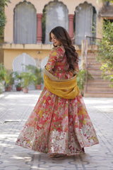 Designer Multi Color Gown In Russian Silk With Print And Embroidery With Dupatta
