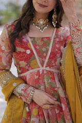 Designer Multi Color Gown In Russian Silk With Print And Embroidery With Dupatta