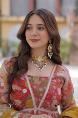 Designer Multi Color Gown In Russian Silk With Print And Embroidery With Dupatta