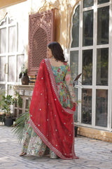 Designer Multi Color Gown In Russian Silk With Print And Embroidery With Dupatta