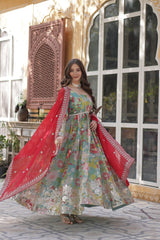 Designer Multi Color Gown In Russian Silk With Print And Embroidery With Dupatta